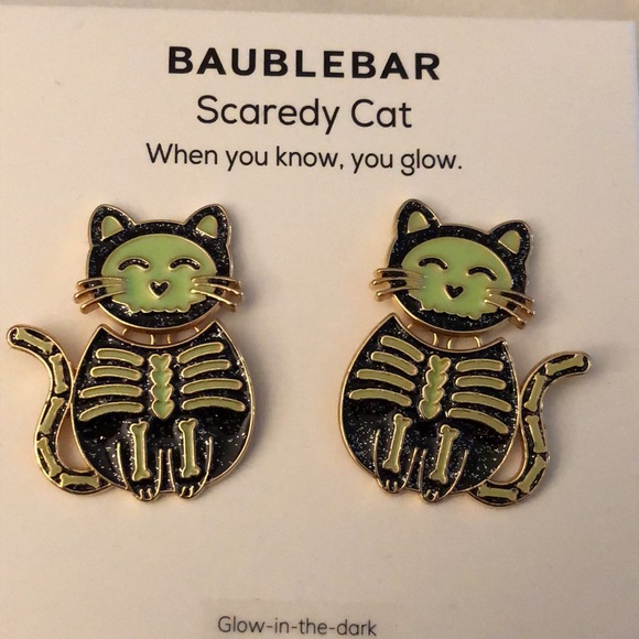 Baublebar Gold Tone Green & Black Scaredy Cat Glow In The Dark Drop Earrings NIB - Picture 2 of 14